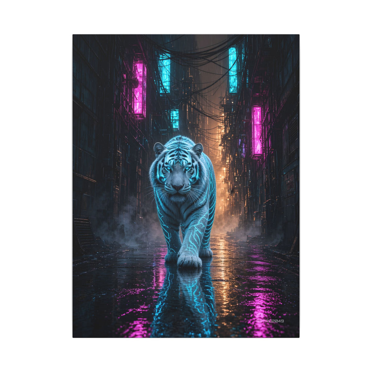 Vertical cyberpunk art of a white tiger with glowing cyan stripes walking toward the viewer down a wet neon alley, canvas by ASTRO2049