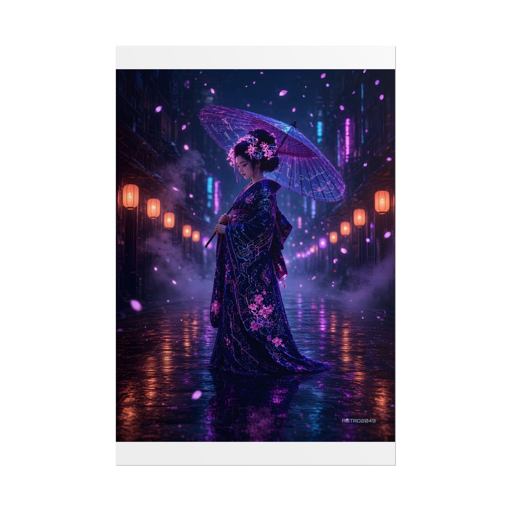 Lantern Rain Geisha matte poster, 12 x 18 in – a neon geisha with a glowing umbrella in a rainy lantern alley, original cyberpunk geisha art by ASTRO2049
