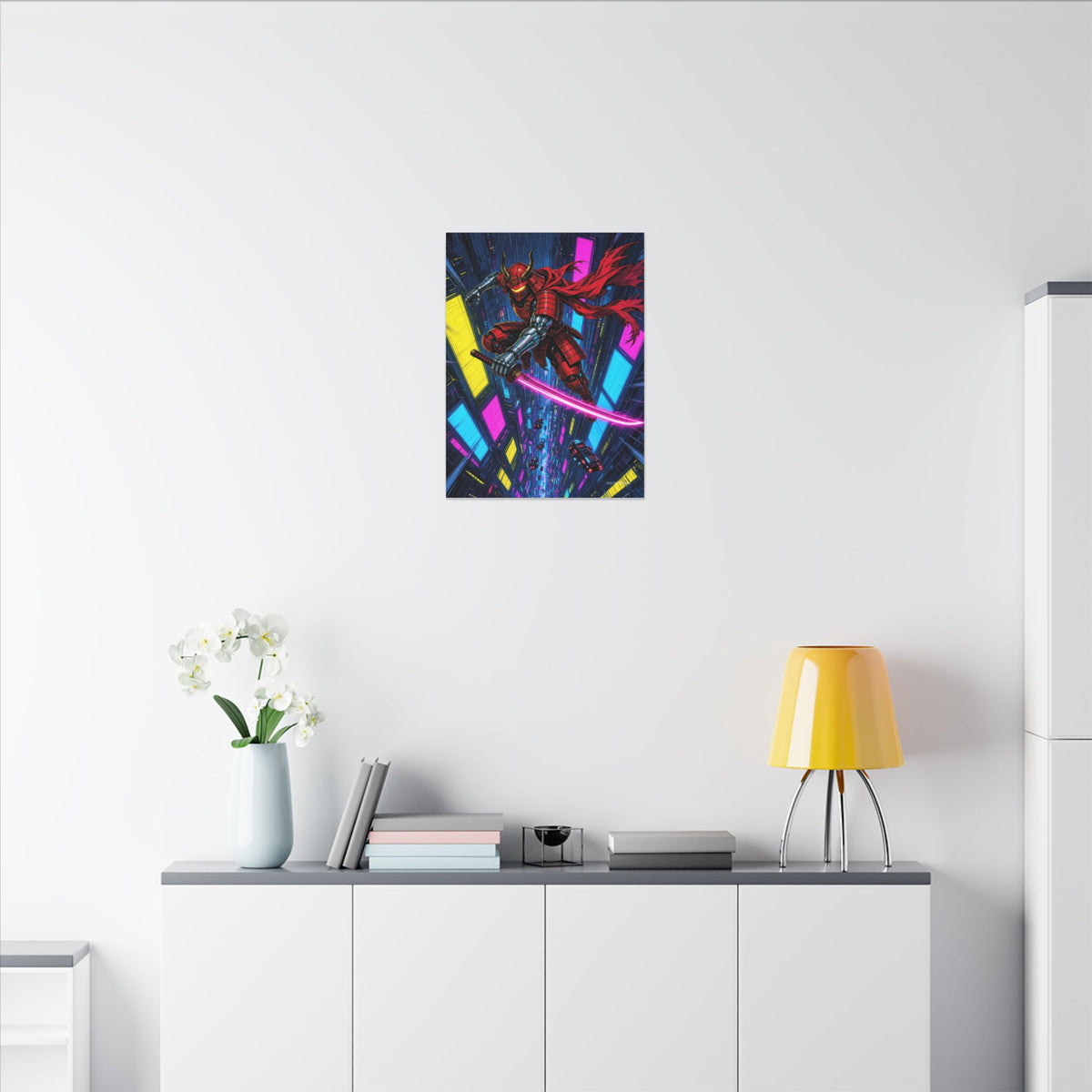 Skyfall Chrome Samurai canvas hanging above a dark gaming desk with neon lighting, view 5 of 8