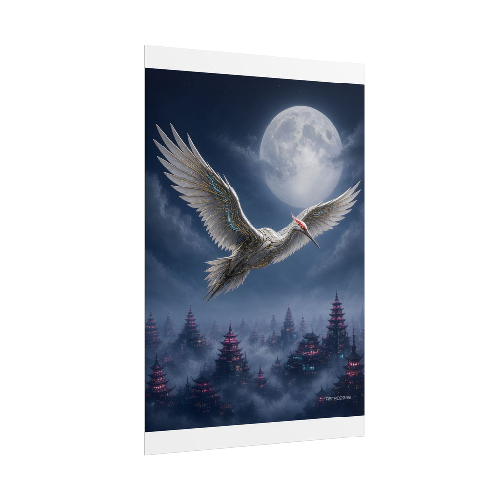 Moon Circuit Crane poster hanging above a dark gaming desk with neon lighting, view 4 of 8