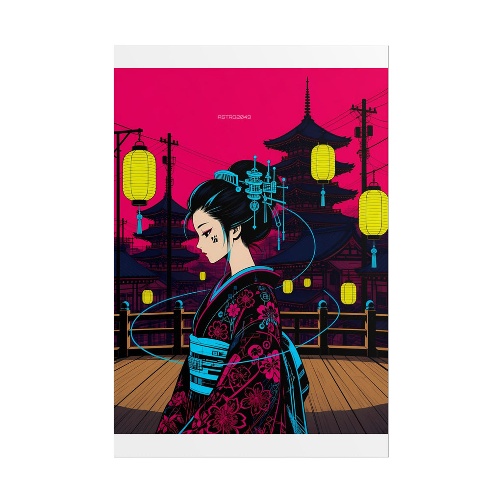 Vertical anime-style art of a geisha with cyan hair ornaments under glowing yellow lanterns on a wooden bridge with a magenta sky, poster by ASTRO2049