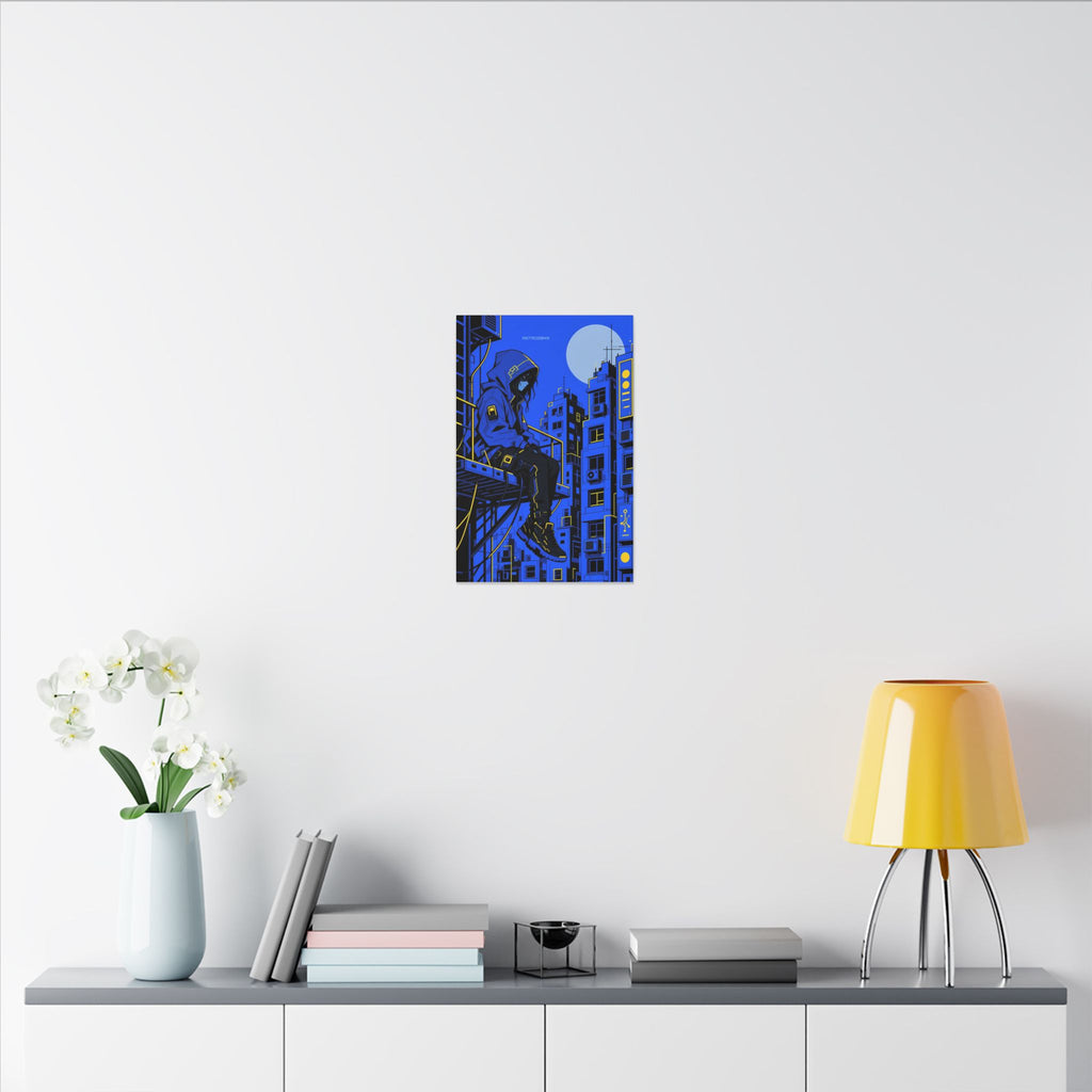 Fire Escape Netrunner canvas hanging above a dark gaming desk with neon lighting, view 8 of 8