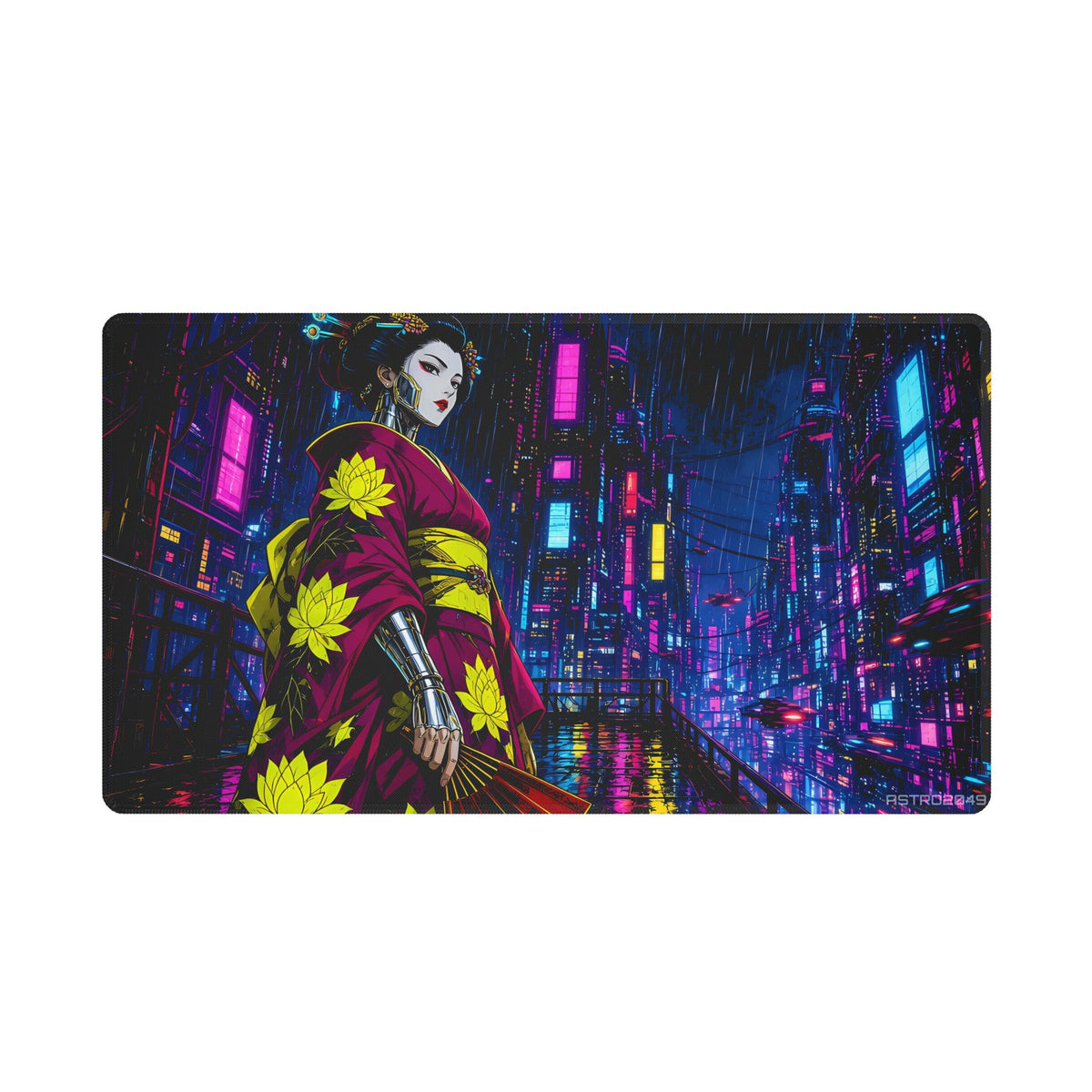 Anime-style cyborg geisha with chrome jaw implants in a magenta lotus kimono on a rainy walkway above a glowing neon megacity, desk mat by ASTRO2049
