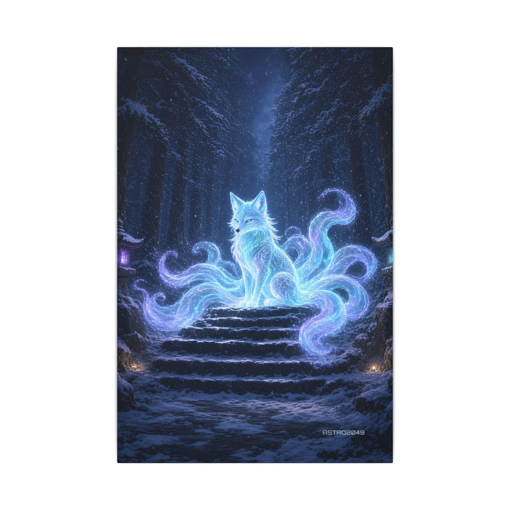 Snow Shrine Kitsune canvas hanging above a dark gaming desk with neon lighting, view 2 of 8