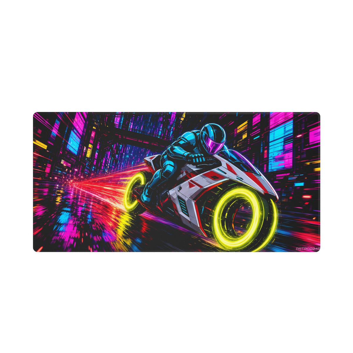 Hyperlane Rider desk mat under a keyboard and mouse in a dark neon gaming setup – 36 x 18 in