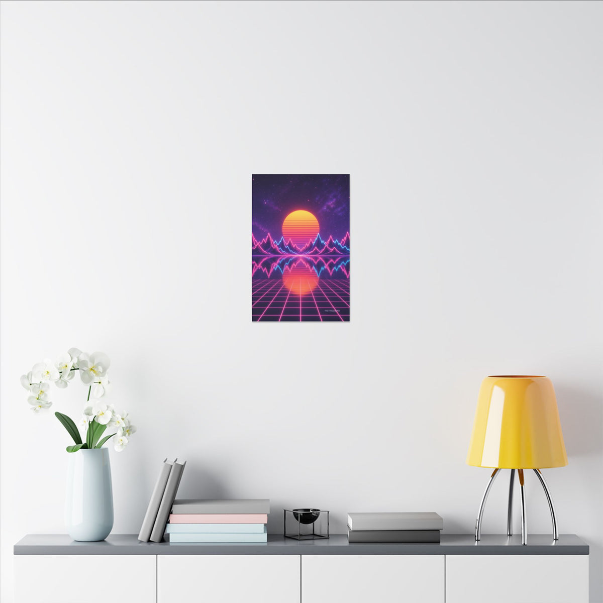Waveform Sunset canvas hanging above a dark gaming desk with neon lighting, view 8 of 8