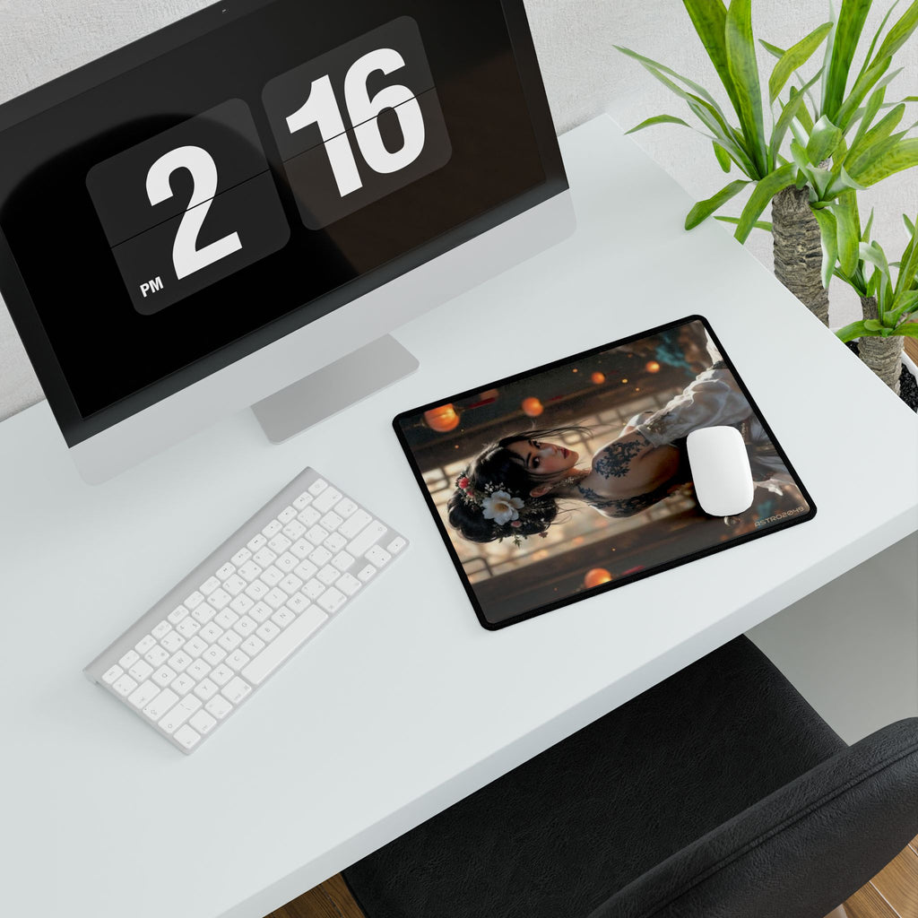 Lantern Dojo Geisha desk mat on a desk with keyboard and mouse, view 6 of 9