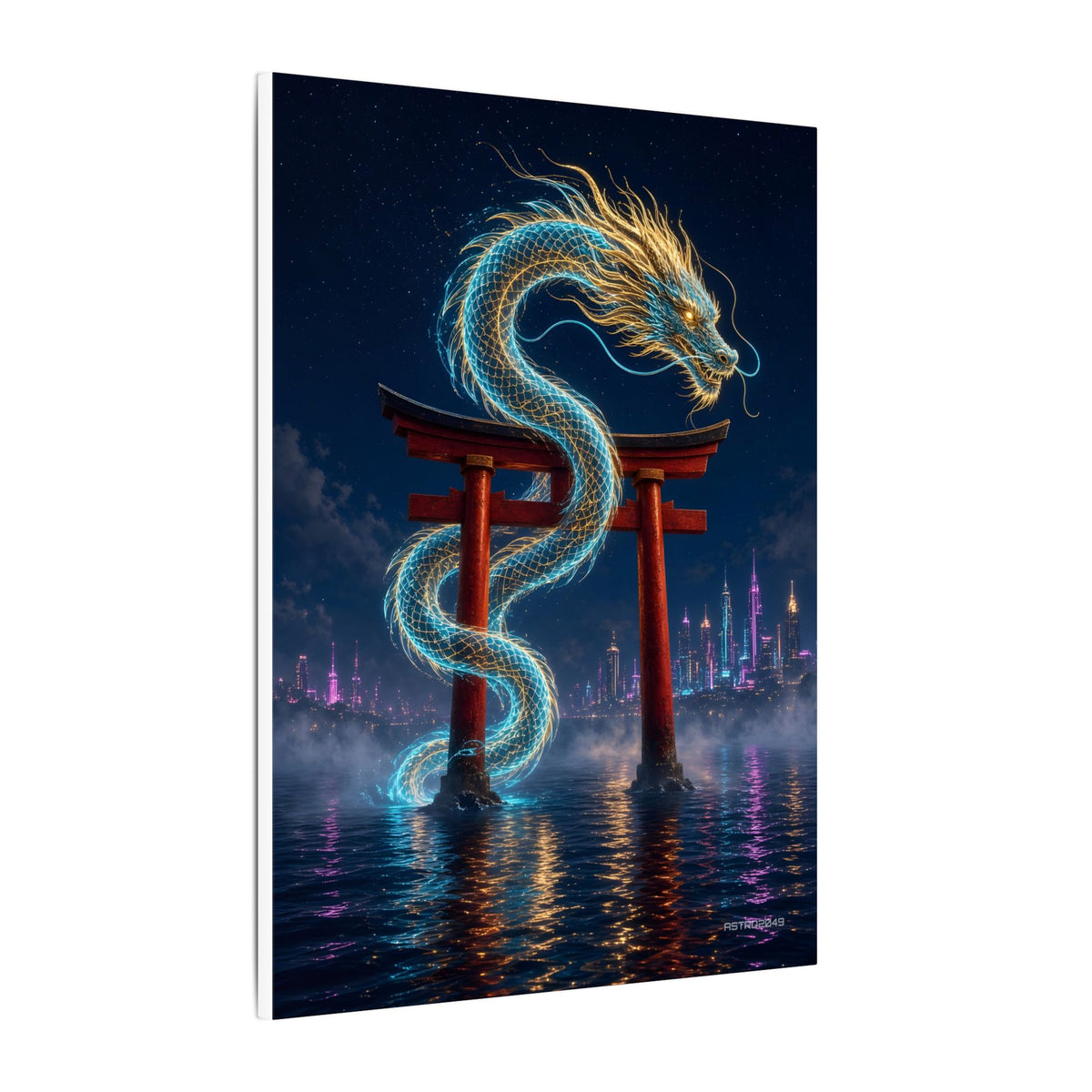Tide Gate Dragon canvas hanging above a dark gaming desk with neon lighting, view 3 of 8