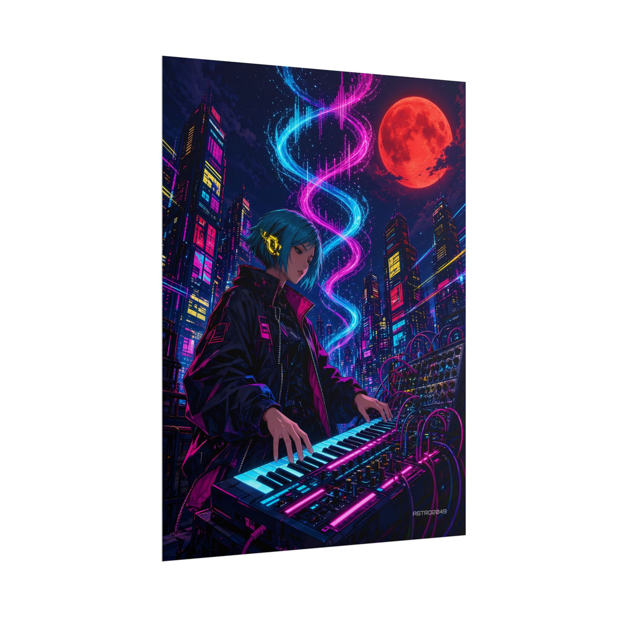 Rooftop Synth Runner poster hanging above a dark gaming desk with neon lighting, view 7 of 8