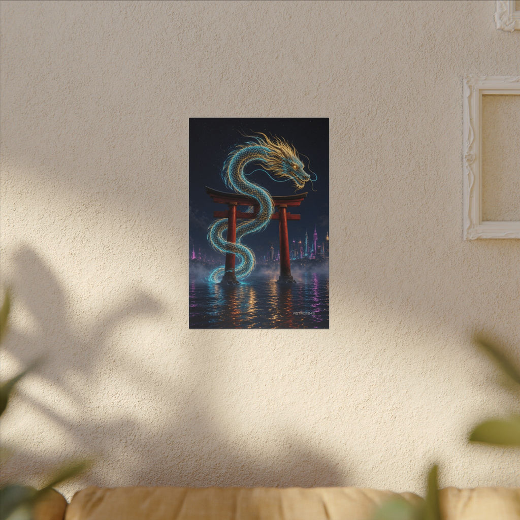 Tide Gate Dragon canvas hanging above a dark gaming desk with neon lighting, view 7 of 8