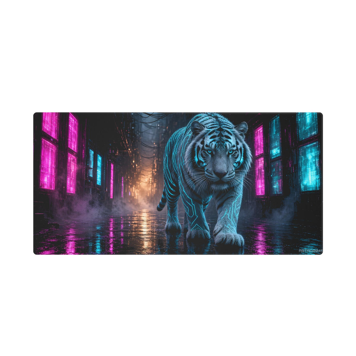 Rain Alley Tiger desk mat under a keyboard and mouse in a dark neon gaming setup – 48 x 24 in