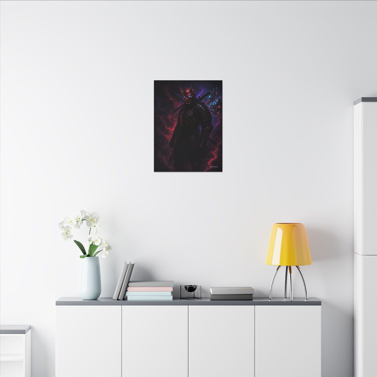 Oni Mask Ronin canvas hanging above a dark gaming desk with neon lighting, view 5 of 8