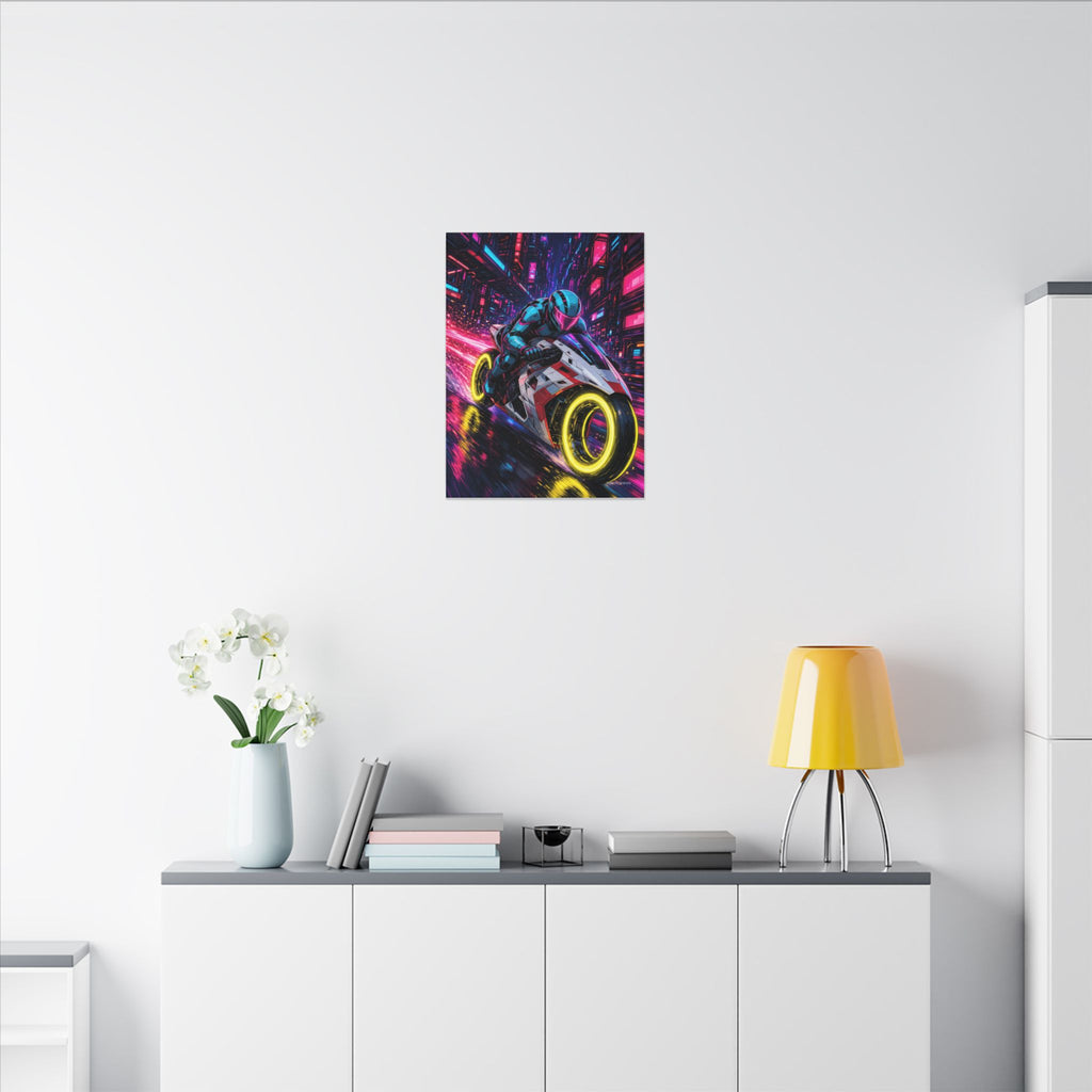 Hyperlane Rider canvas hanging above a dark gaming desk with neon lighting, view 5 of 8