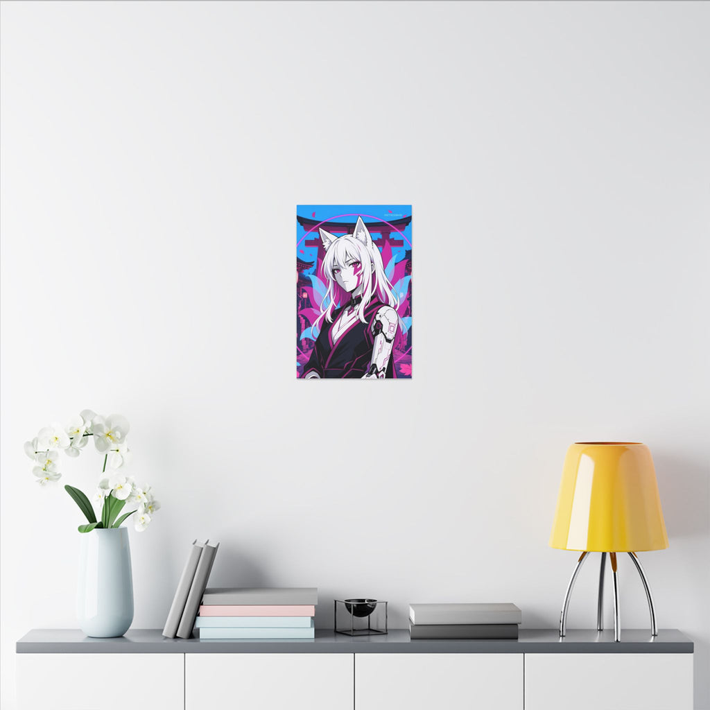 Cyber Kitsune Guardian canvas hanging above a dark gaming desk with neon lighting, view 8 of 8