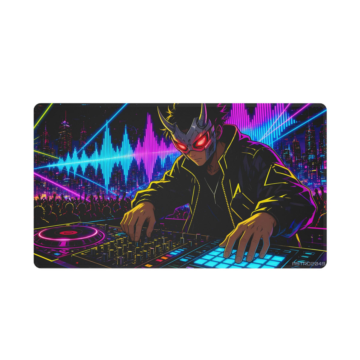 Anime-style DJ in a chrome horned visor mask with glowing red eyes playing a glowing controller, cyan and magenta sound waves, lasers and a crowd over a neon skyline, desk mat by ASTRO2049