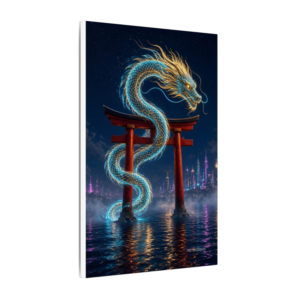 Tide Gate Dragon canvas hanging above a dark gaming desk with neon lighting, view 6 of 8