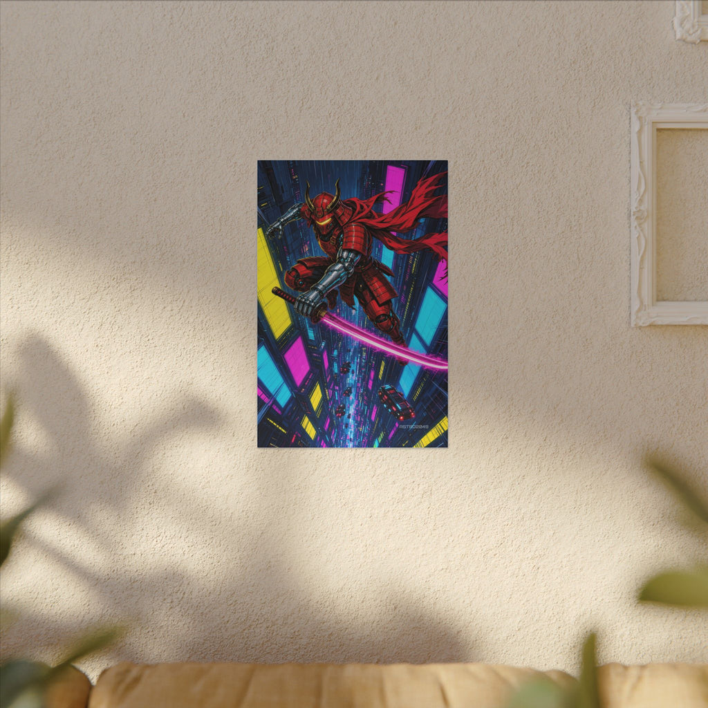 Skyfall Chrome Samurai canvas hanging above a dark gaming desk with neon lighting, view 7 of 8