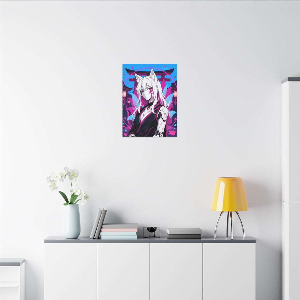 Cyber Kitsune Guardian canvas hanging above a dark gaming desk with neon lighting, view 5 of 8