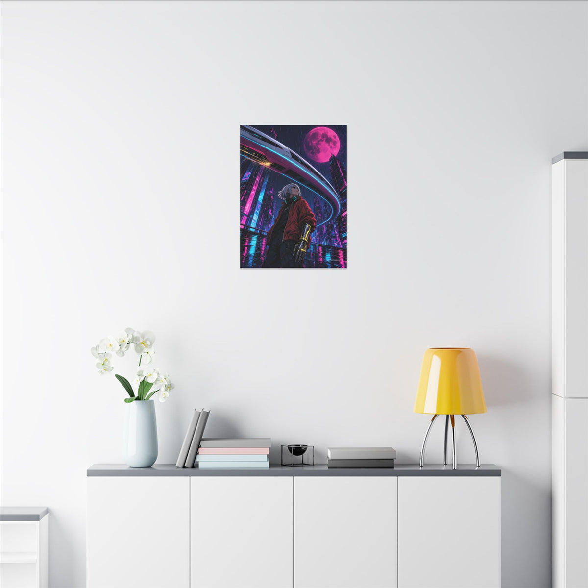 Midnight Monorail canvas hanging above a dark gaming desk with neon lighting, view 5 of 8