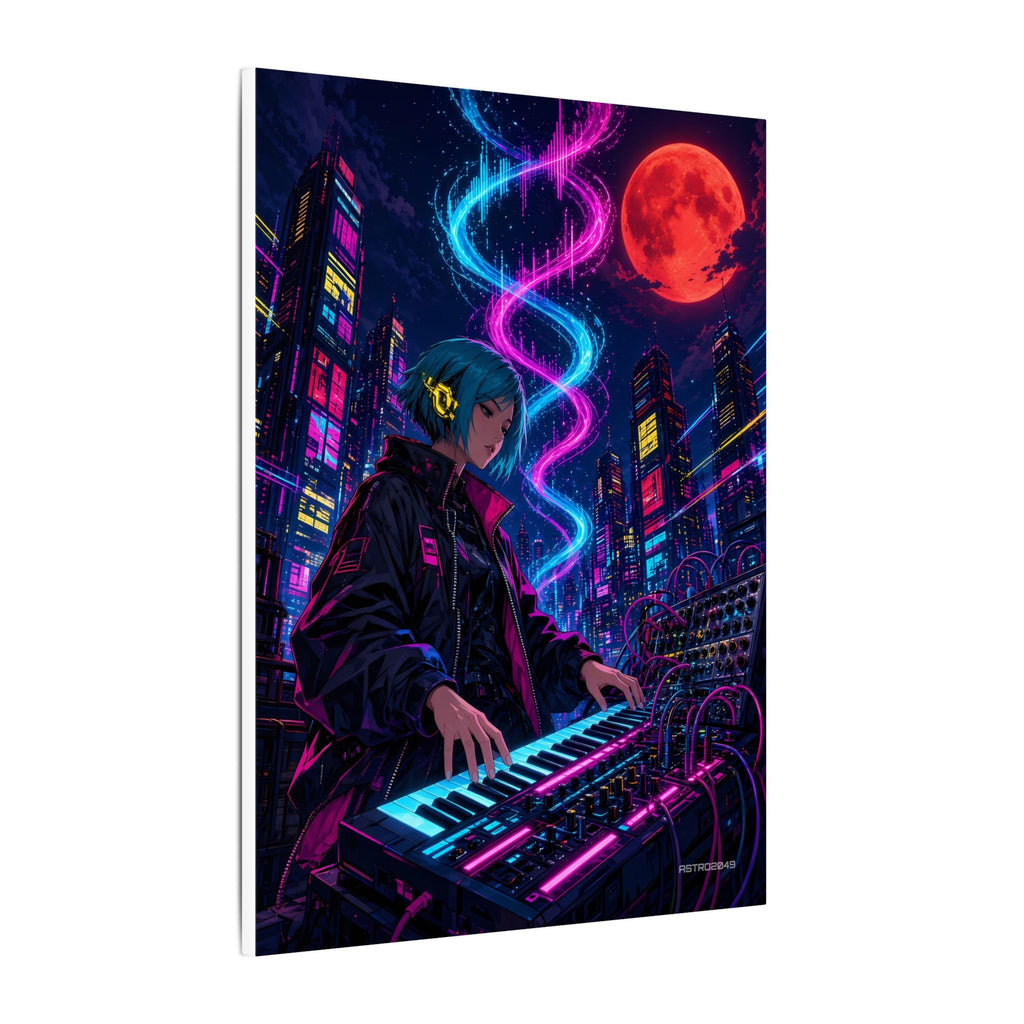 Rooftop Synth Runner canvas hanging above a dark gaming desk with neon lighting, view 3 of 8
