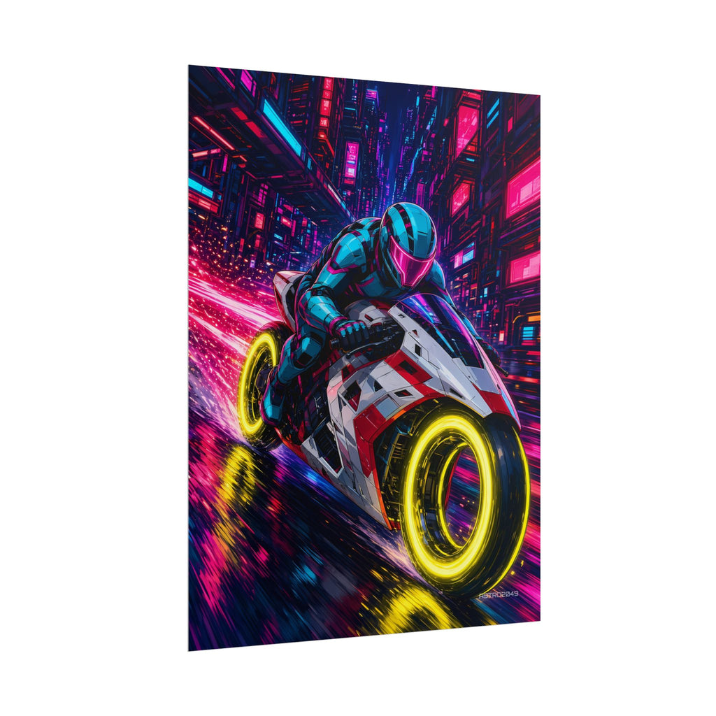Hyperlane Rider poster hanging above a dark gaming desk with neon lighting, view 7 of 8