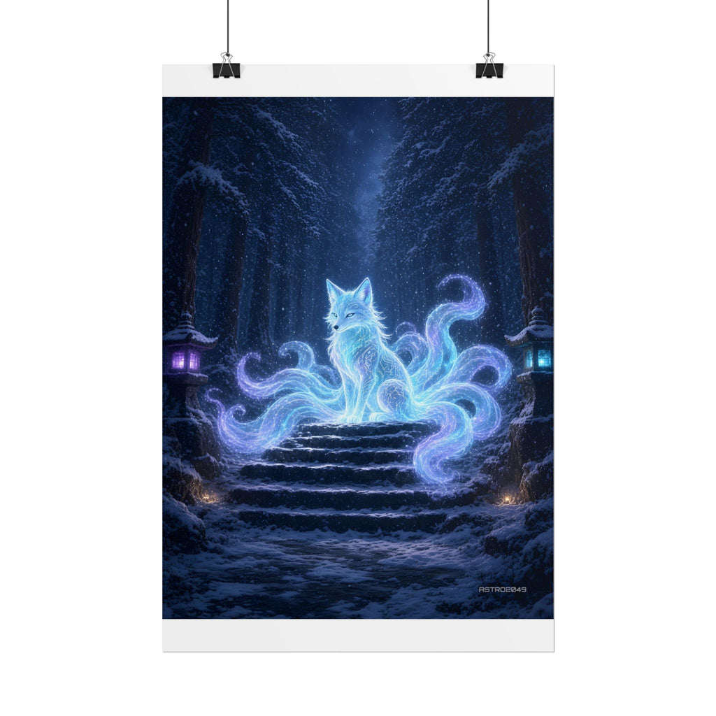 Snow Shrine Kitsune poster hanging above a dark gaming desk with neon lighting, view 3 of 8