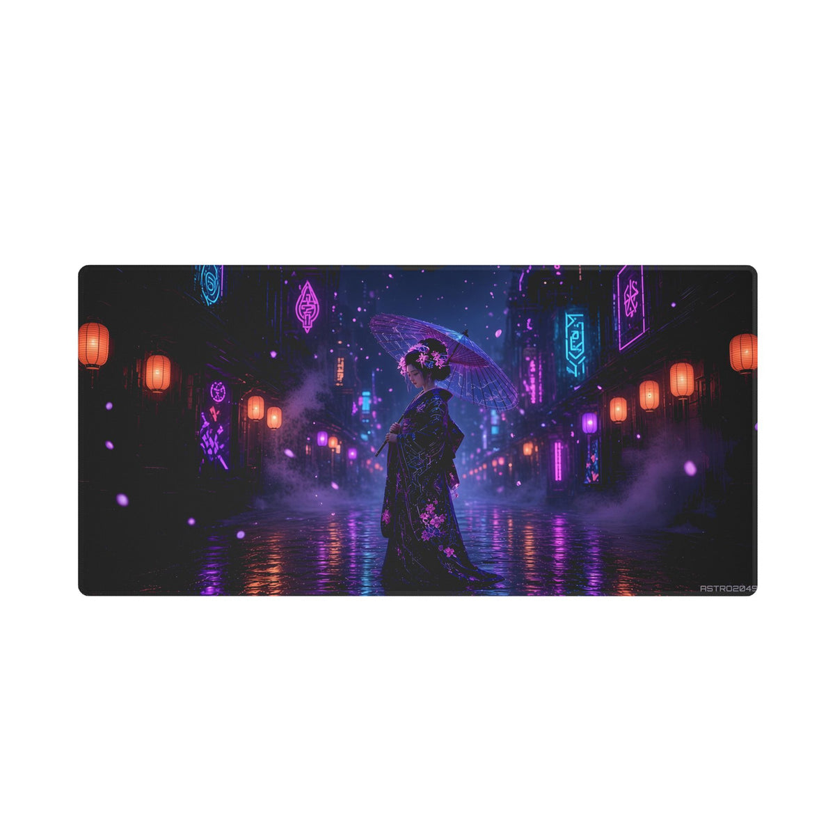 Lantern Rain Geisha stitched edge desk mat, 36 x 18 in / 48 x 24 in – full artwork view