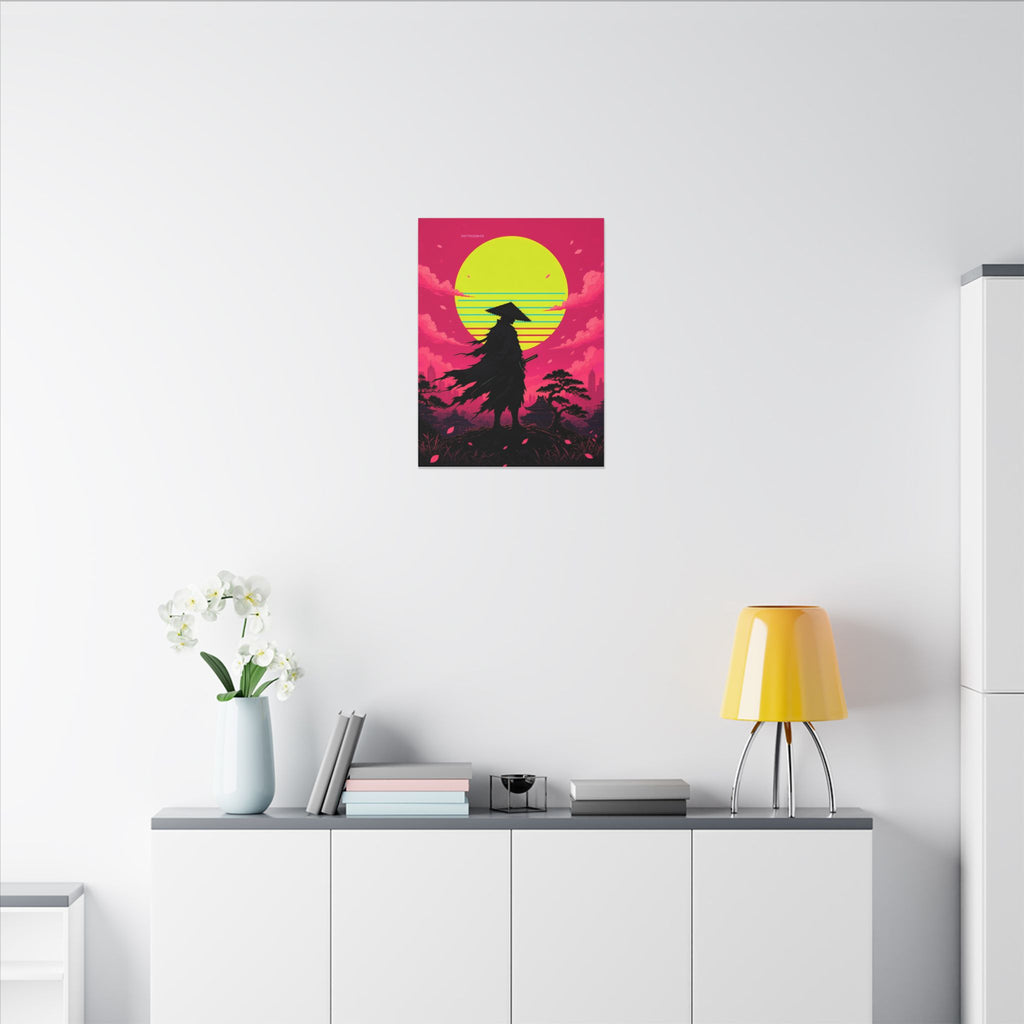 Retrowave Sun Ronin canvas hanging above a dark gaming desk with neon lighting, view 5 of 8