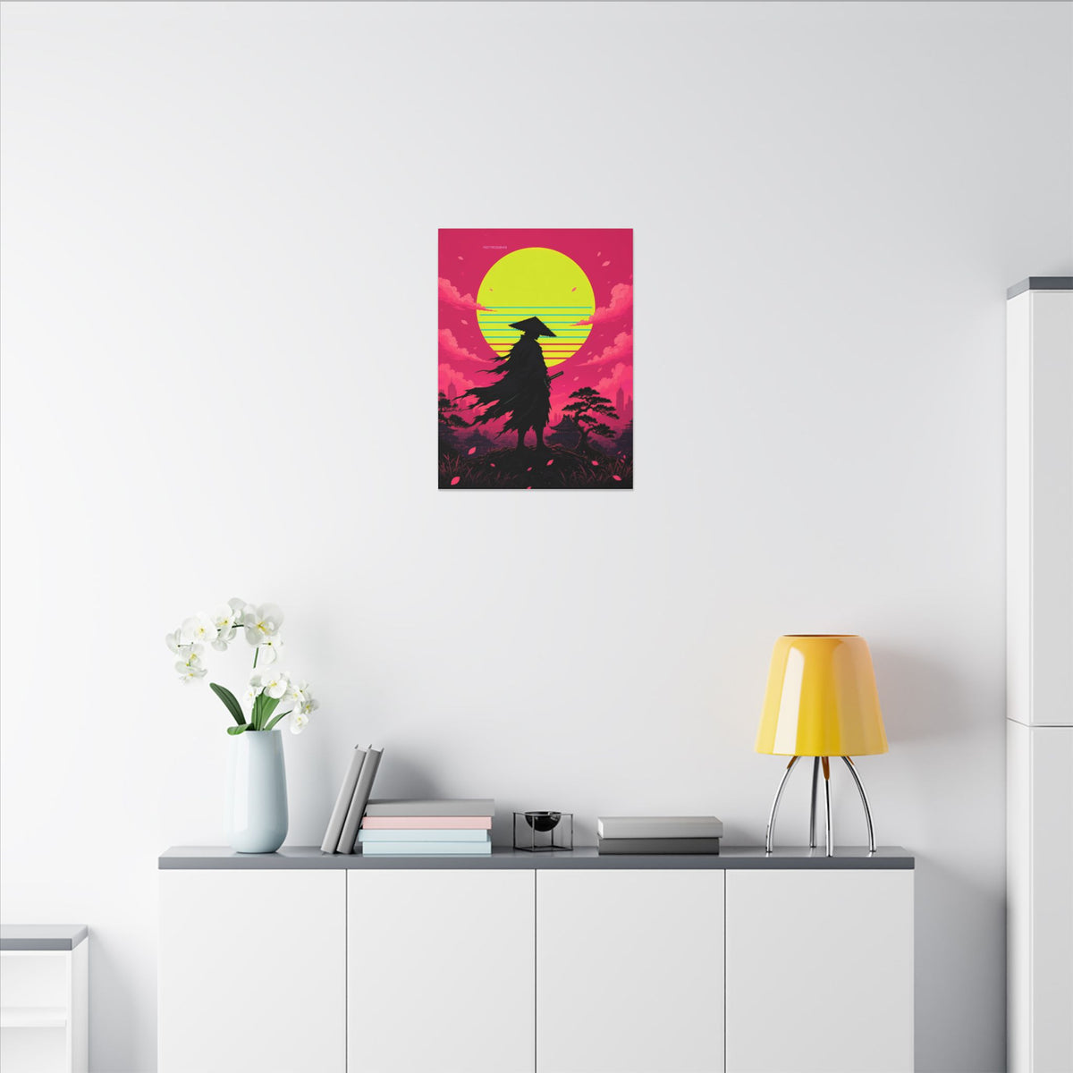 Retrowave Sun Ronin canvas hanging above a dark gaming desk with neon lighting, view 5 of 8