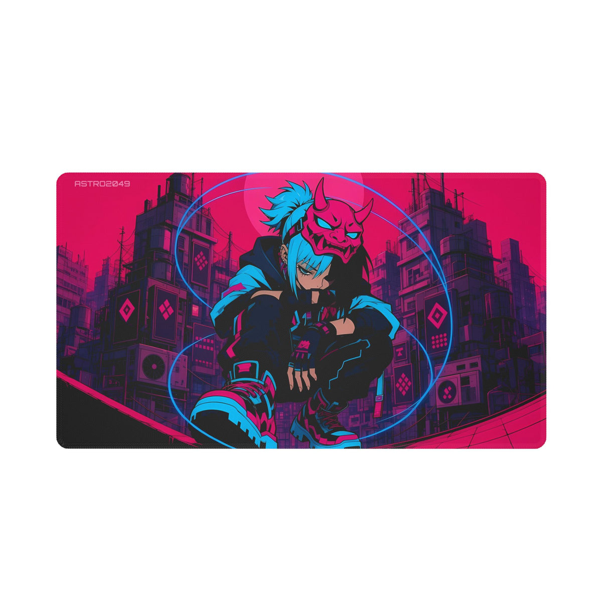 Anime-style netrunner girl with cyan hair and a red oni mask crouching on a rooftop edge with a glowing cyan ring and a magenta city skyline, desk mat by ASTRO2049