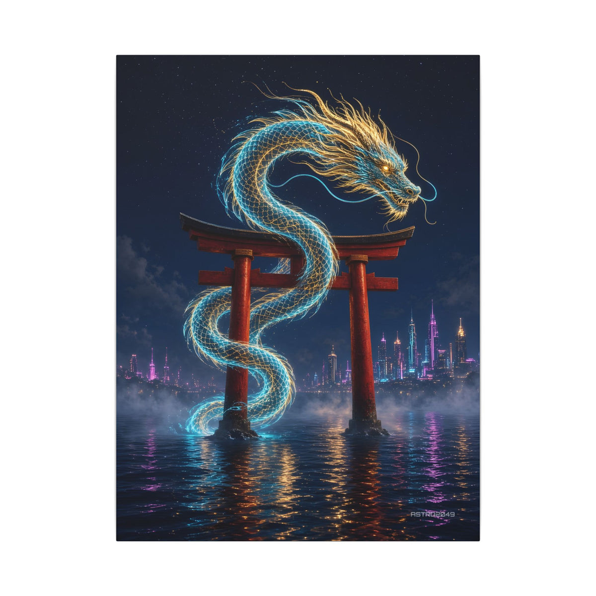 Vertical neon art of a luminous dragon wrapped around a vermilion torii gate in the sea under a night sky, canvas by ASTRO2049