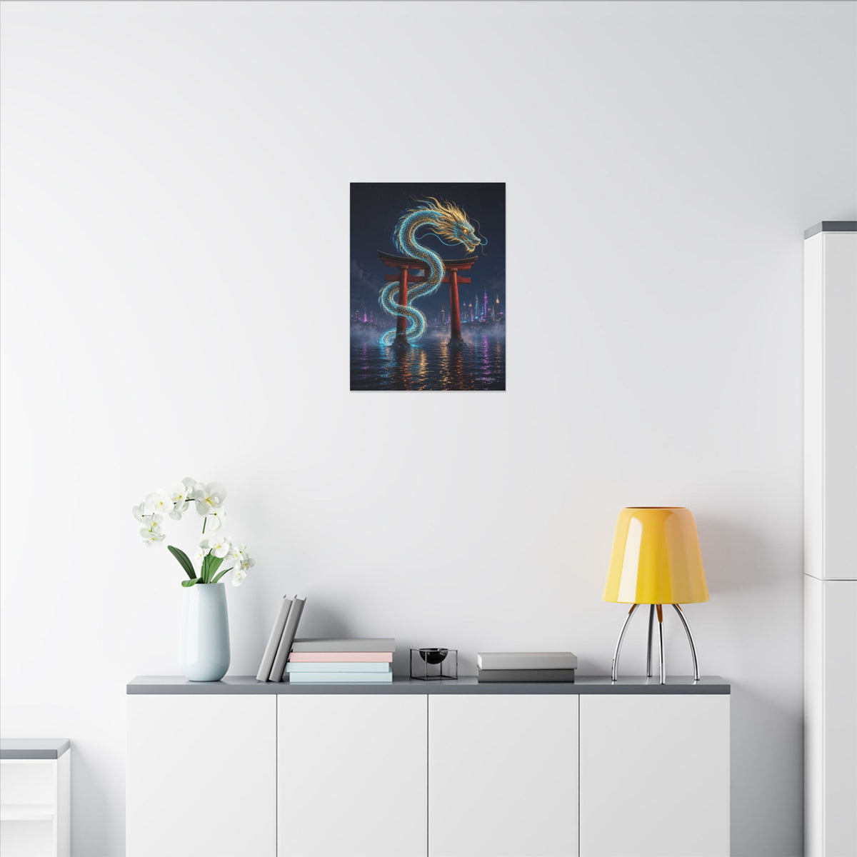 Tide Gate Dragon canvas hanging above a dark gaming desk with neon lighting, view 5 of 8