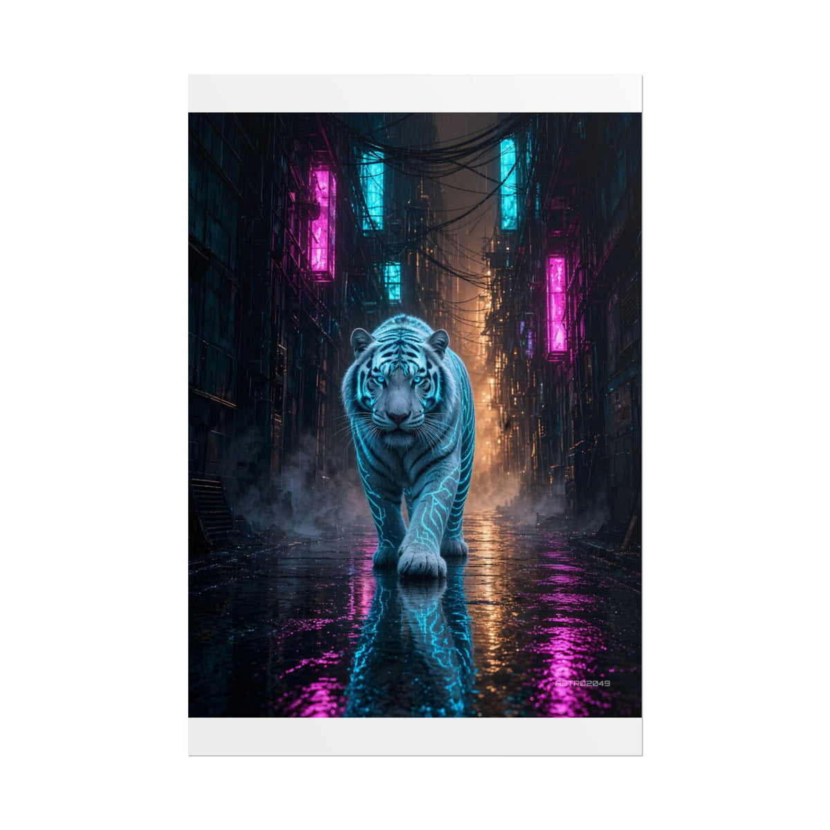 Vertical cyberpunk art of a white tiger with glowing cyan stripes walking toward the viewer down a wet neon alley, poster by ASTRO2049