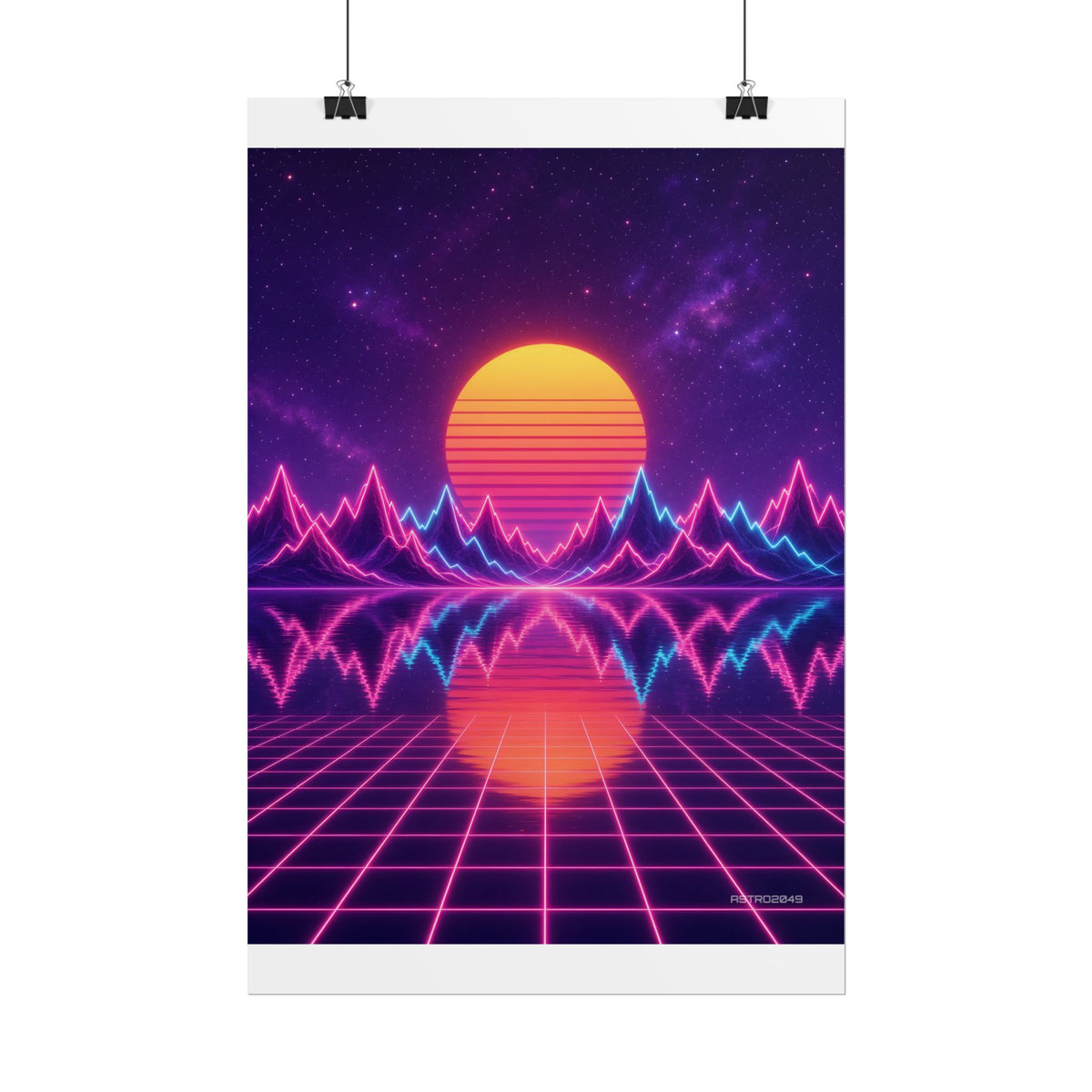 Waveform Sunset poster hanging above a dark gaming desk with neon lighting, view 3 of 8