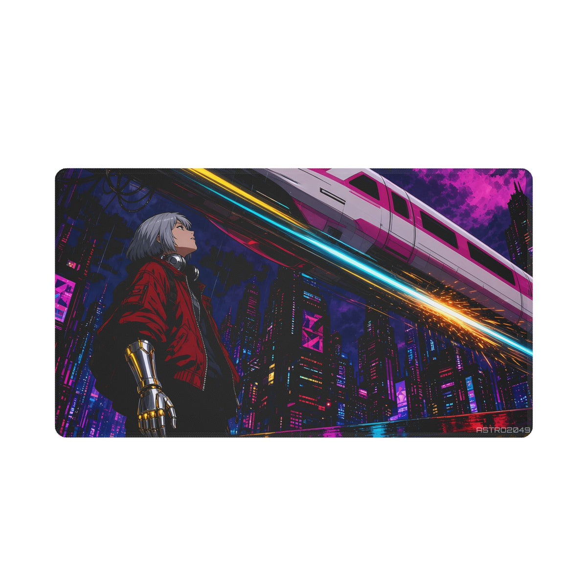 Anime-style courier with silver hair, red bomber jacket and chrome-and-gold cybernetic arm looking up at a white and magenta monorail streaking past a neon megacity under a magenta moon, desk mat by ASTRO2049
