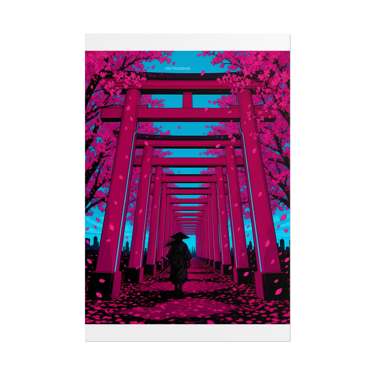 Vertical anime-style art of a lone samurai in a straw hat on a path through endless magenta torii gates with falling petals, poster by ASTRO2049