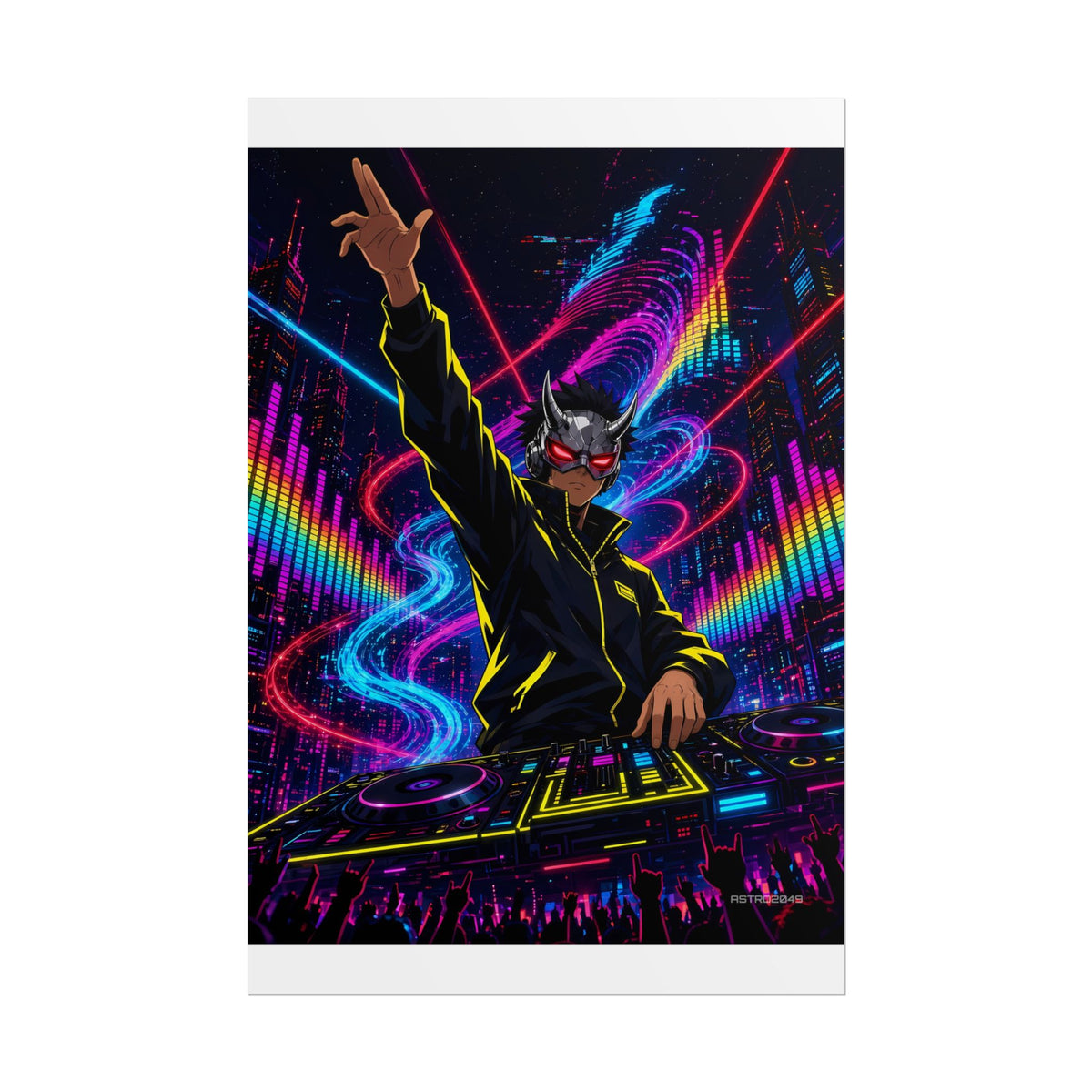 Vertical anime-style art of a masked DJ raising one arm above glowing decks, swirling neon sound waves and lasers behind, poster by ASTRO2049