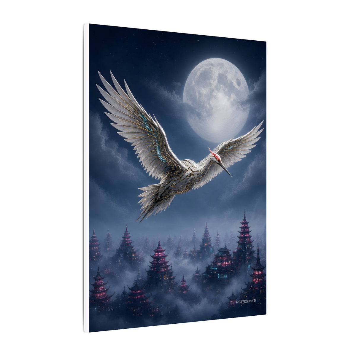Moon Circuit Crane canvas hanging above a dark gaming desk with neon lighting, view 3 of 8
