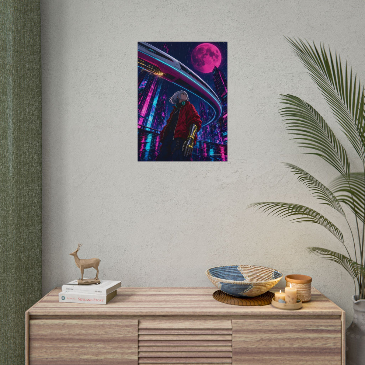 Midnight Monorail poster hanging above a dark gaming desk with neon lighting, view 8 of 8