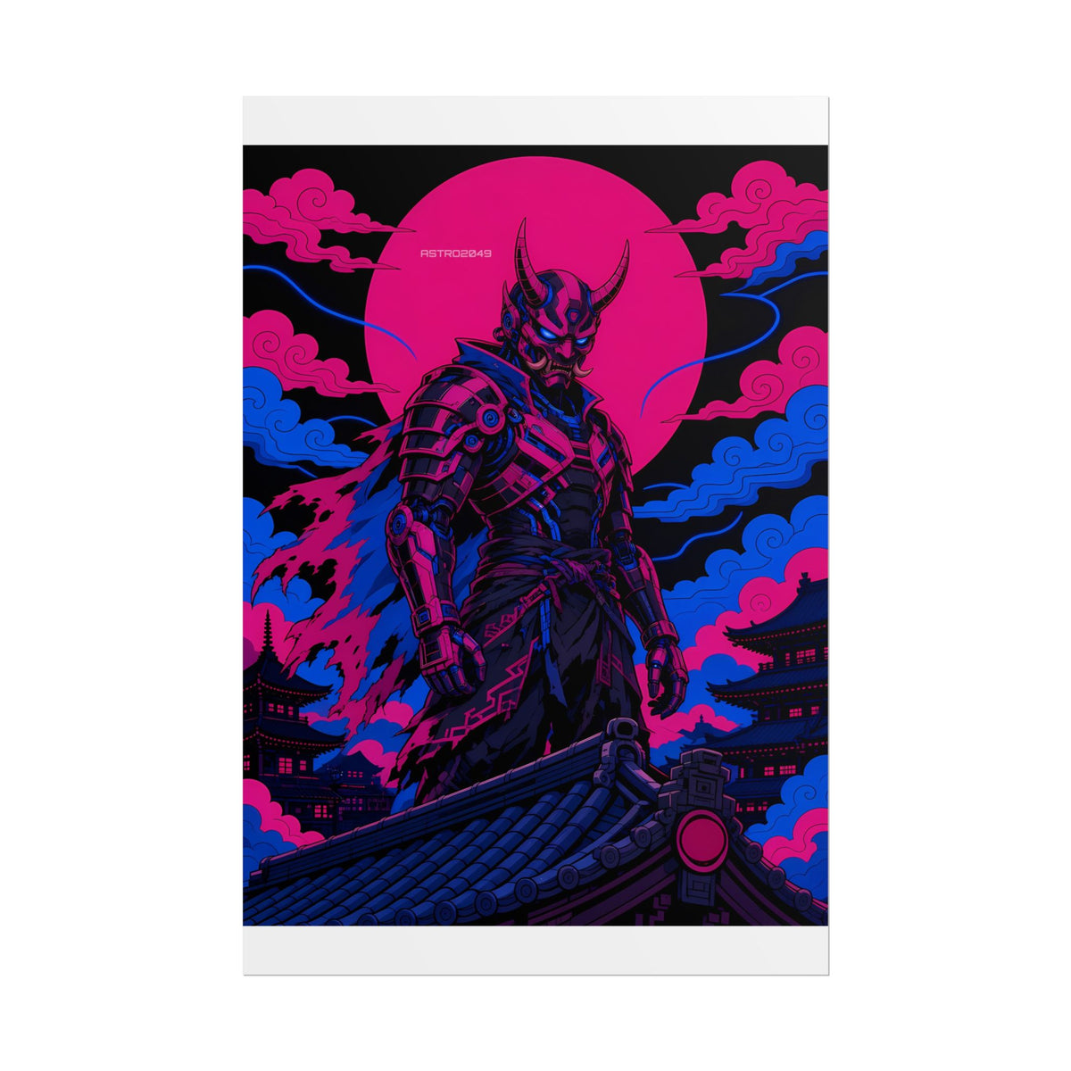 Vertical anime-style art of an armoured horned oni warrior standing on temple roof tiles under a red sun and magenta clouds, poster by ASTRO2049