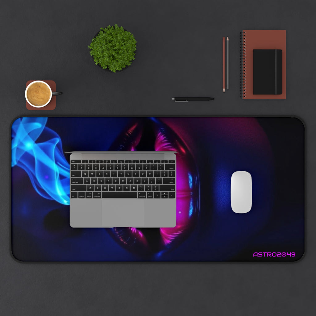 Neon Lips desk mat on a desk with keyboard and mouse, view 8 of 9