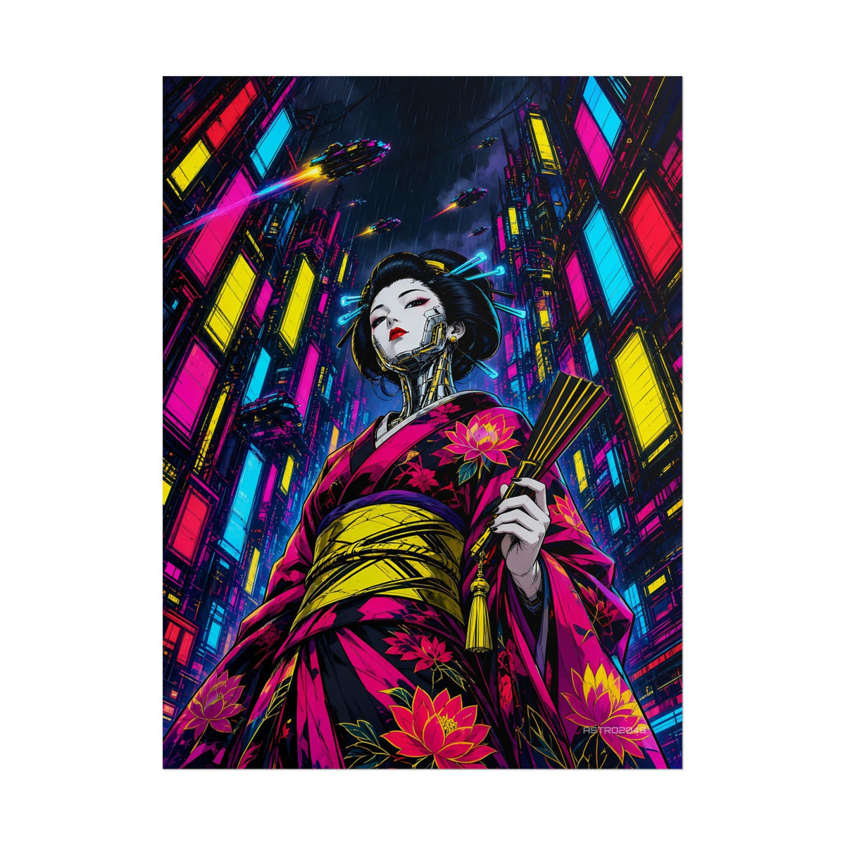 Chrome Lotus Geisha poster hanging above a dark gaming desk with neon lighting, view 2 of 8