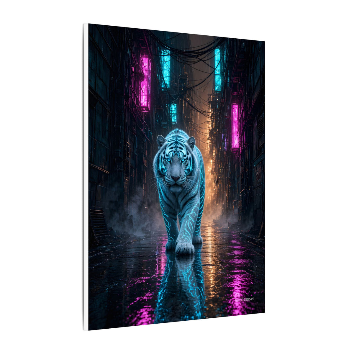 Rain Alley Tiger canvas hanging above a dark gaming desk with neon lighting, view 3 of 8