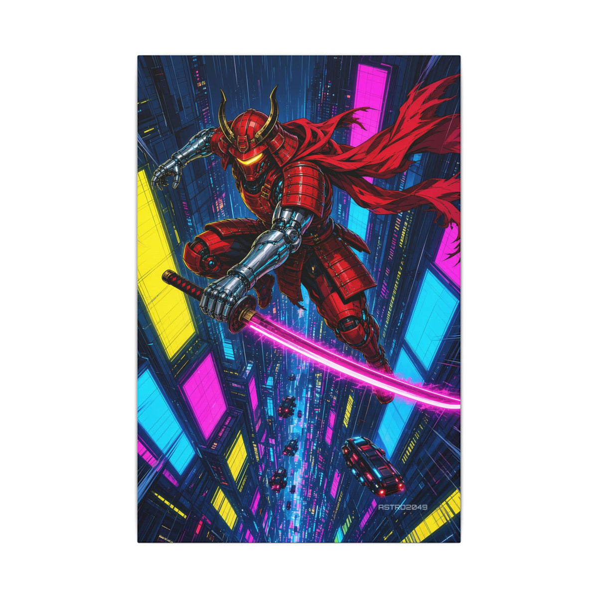 Skyfall Chrome Samurai canvas hanging above a dark gaming desk with neon lighting, view 2 of 8