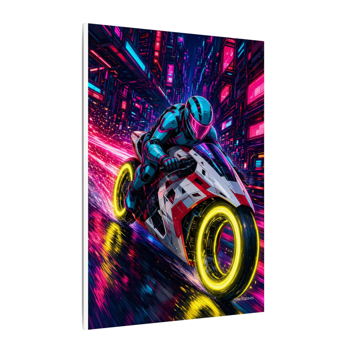 Hyperlane Rider canvas hanging above a dark gaming desk with neon lighting, view 3 of 8