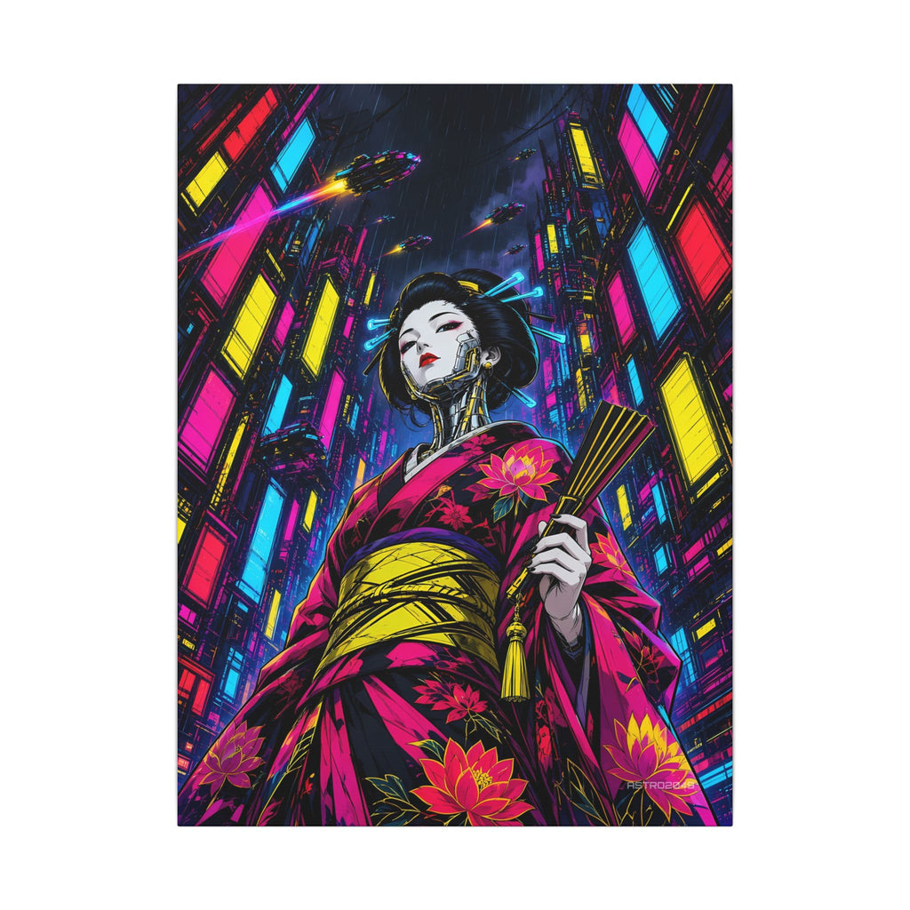 Vertical anime-style art of a cyborg geisha in a magenta kimono seen from below, neon skyscrapers rising behind her, canvas by ASTRO2049