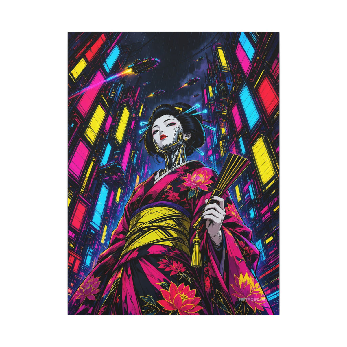 Vertical anime-style art of a cyborg geisha in a magenta kimono seen from below, neon skyscrapers rising behind her, canvas by ASTRO2049