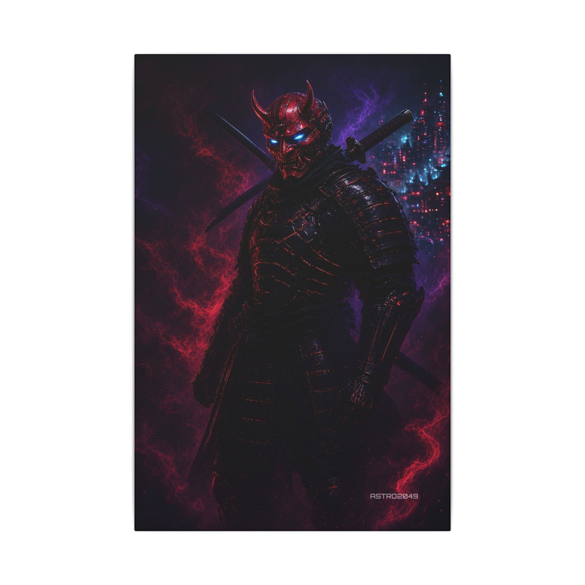 Oni Mask Ronin canvas hanging above a dark gaming desk with neon lighting, view 2 of 8