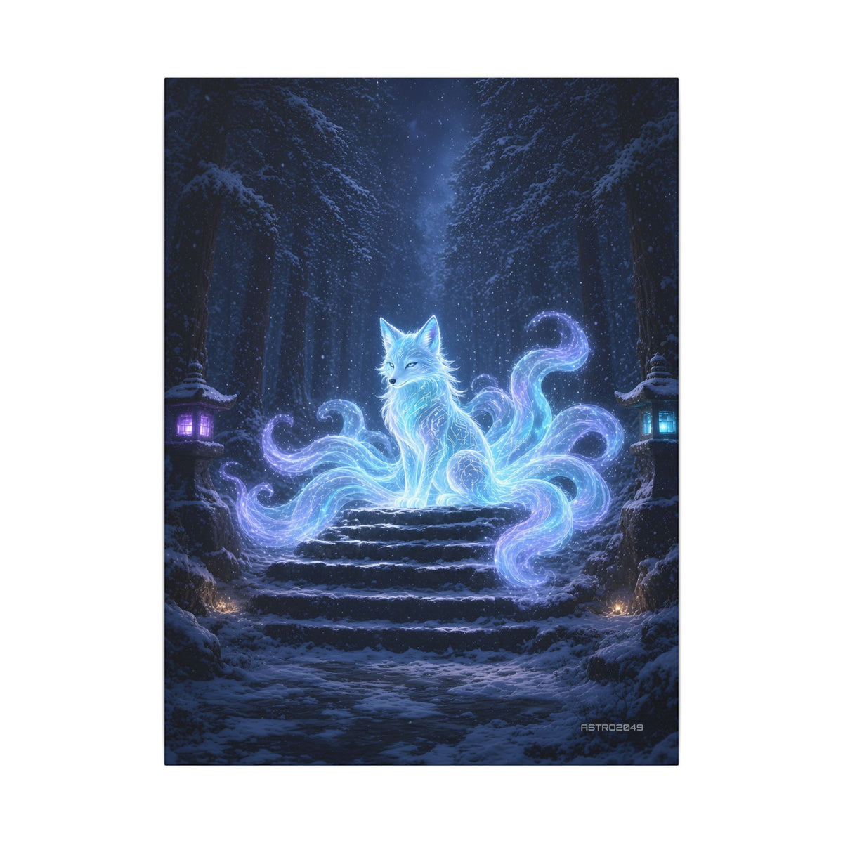 Vertical art of a luminous nine-tailed fox spirit on snowy stone steps in a dark cedar forest with glowing lanterns, canvas by ASTRO2049