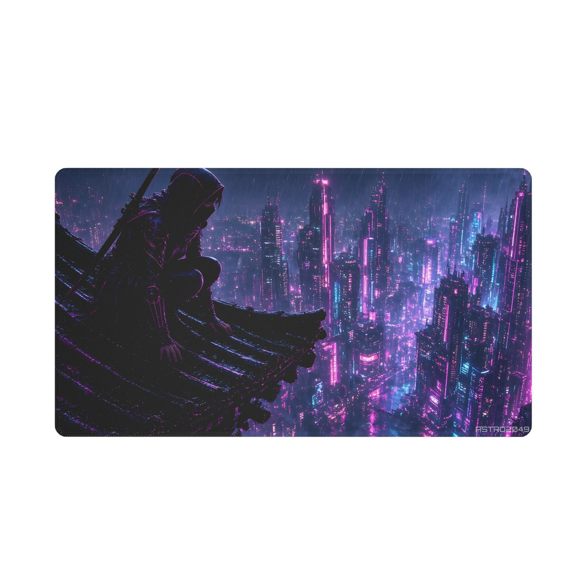Masked female ninja in violet gear crouched on a curved temple rooftop in the rain above a glowing magenta and cyan megacity, desk mat by ASTRO2049